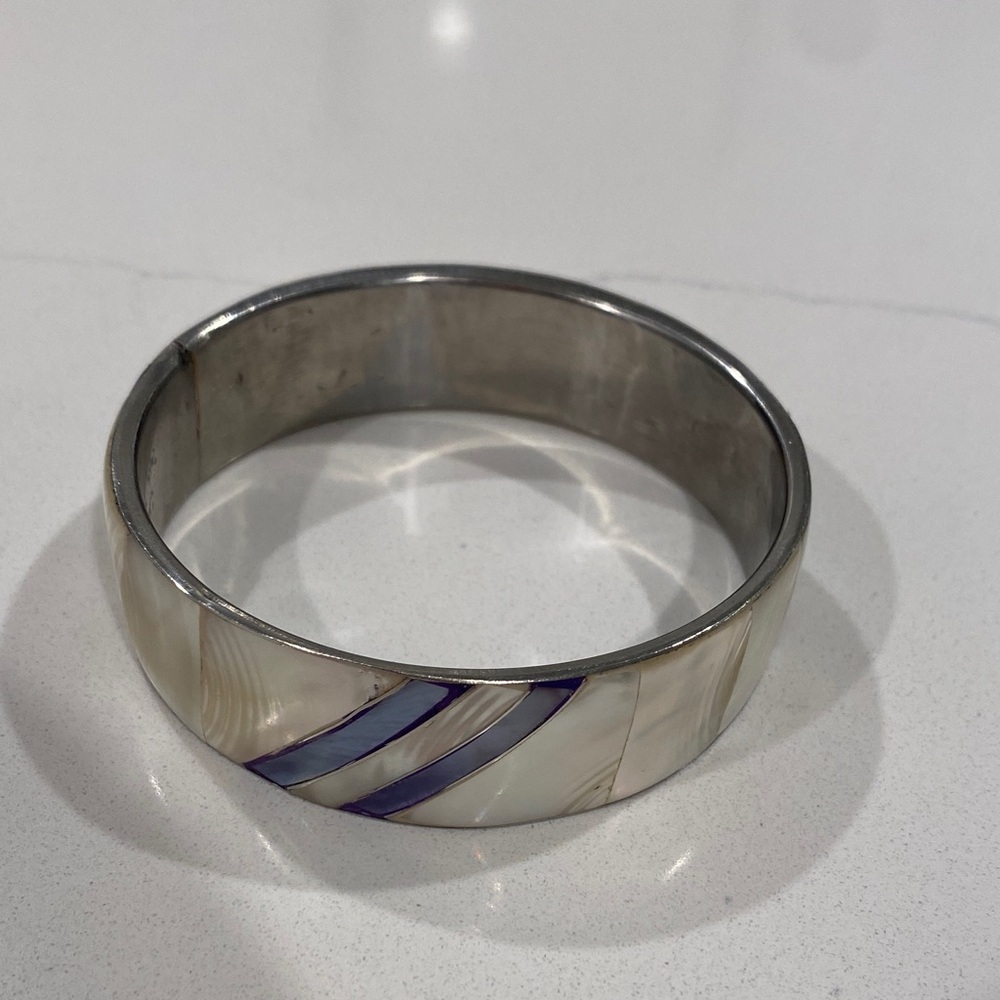 Vintage Mother of Pear and Blue Inlay Bangle Bracelet